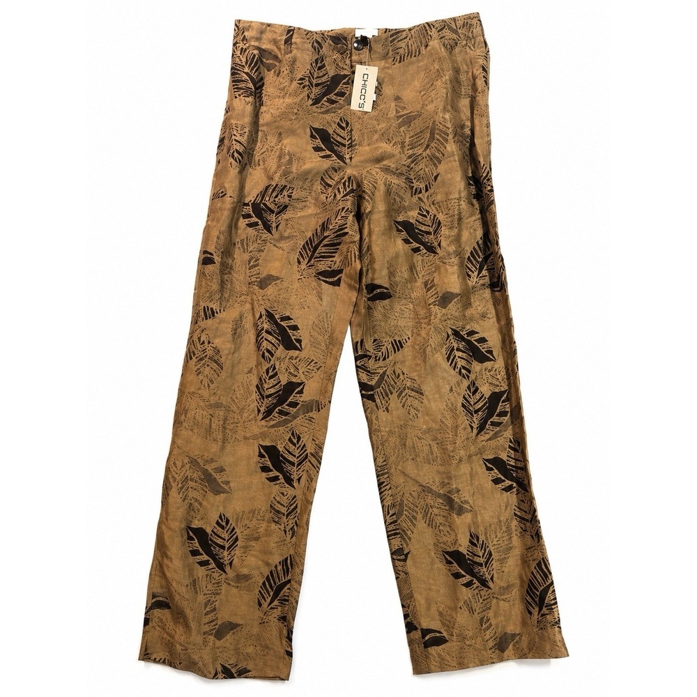 NEW Chico's Pants Women's 3 XL Silk Linen Leaf Brown Tan Wide Leg Boho Vintage